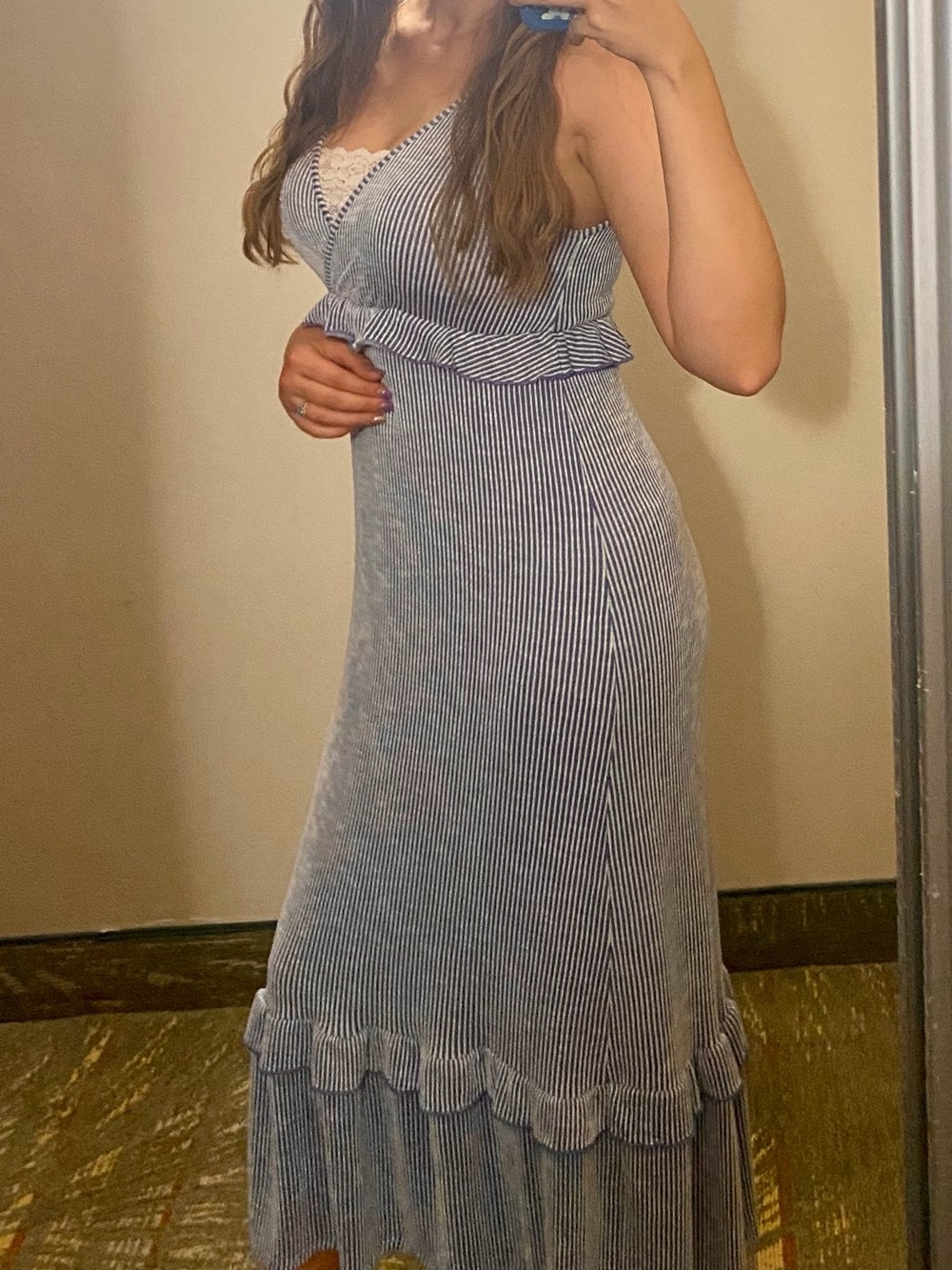 Caution To The Wind Blue and White Striped Maxi Dress with Ruffle Trim